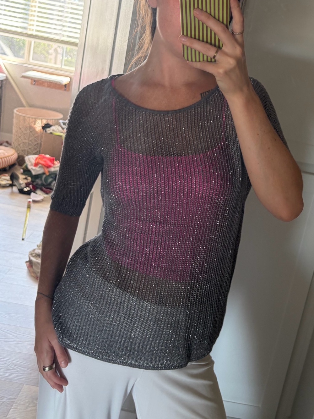 Vintage Y2K Say What? Metallic Open Knit Sheer Top Size S
